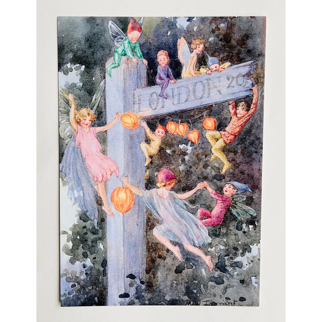 The Signpost - Fairies with Lanterns - Margaret Tarrant Postcard - Neko Stationary